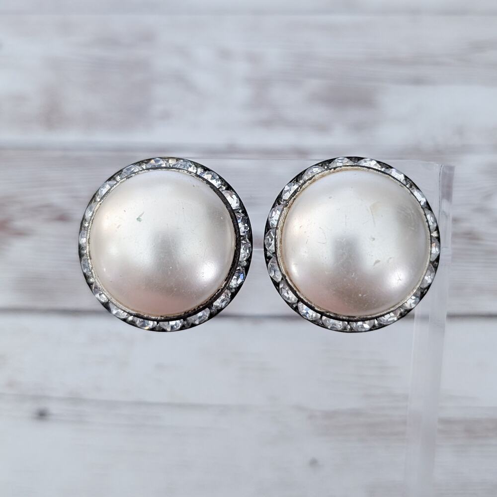 Vintage Clip On Earrings Large Domed Faux Pearl with Halo - Condition Issues